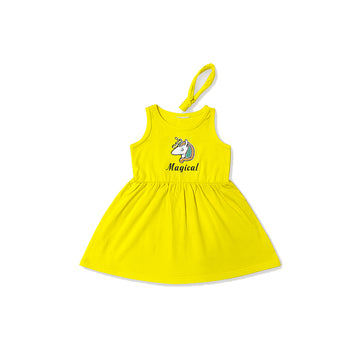 YELLOW WITH HAIR BAND MAGICAL PRINT FROCK FOR GIRLS